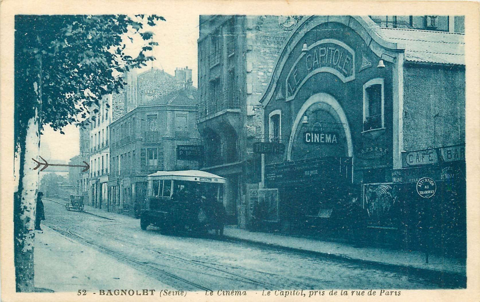93 BAGNOLET. Le Cinéma Capitole et Bus rue Paul Vaillant Couturier ex rue de Paris
