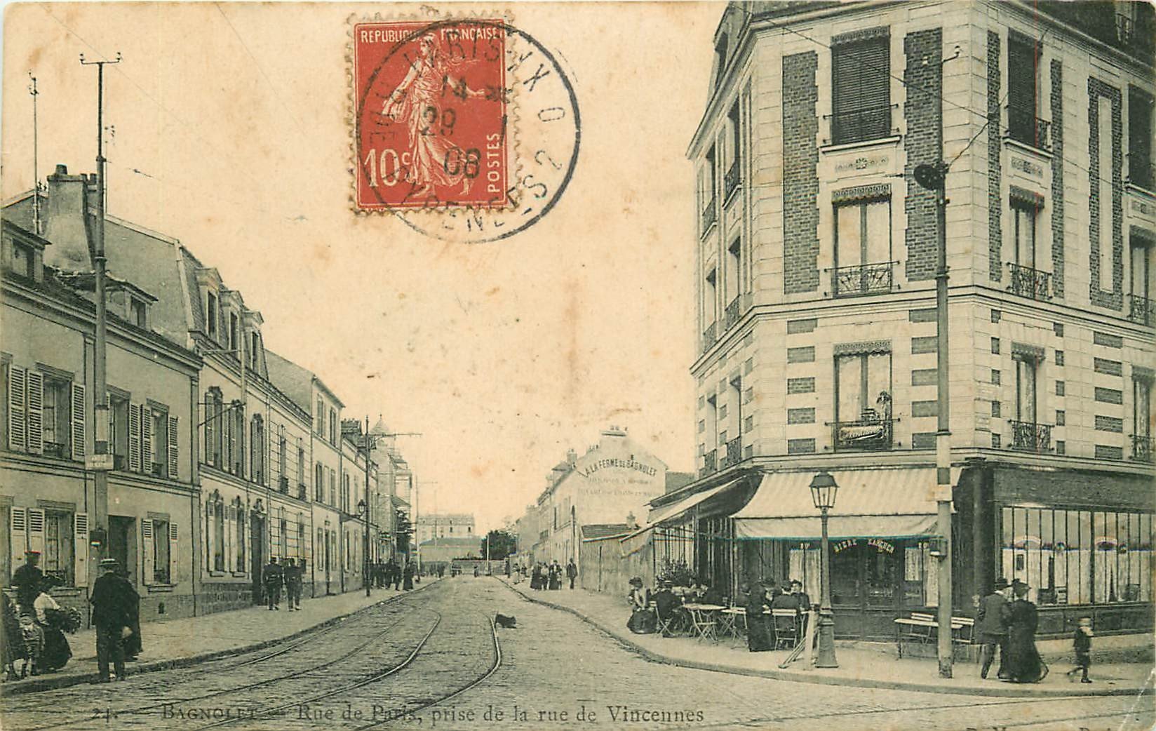 93 BAGNOLET. Café Rue de Paris prise de la Rue de Vincennes 1908