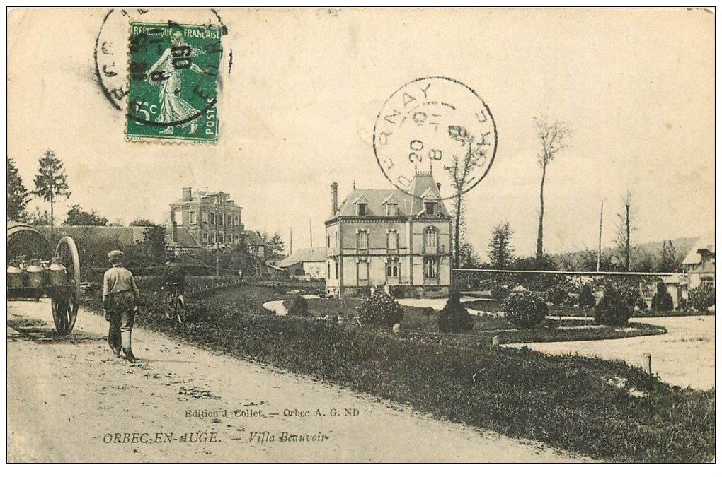 14 ORBEC-EN-AUGE. Ramasseur de lait en attelage et Villa Beauvoir 1909