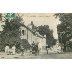 77 CHELLES. Cycliste, Attelage et Tricycle Epicerie de la Gare sur Quai de la Marne 1909 Restaurant Vannier