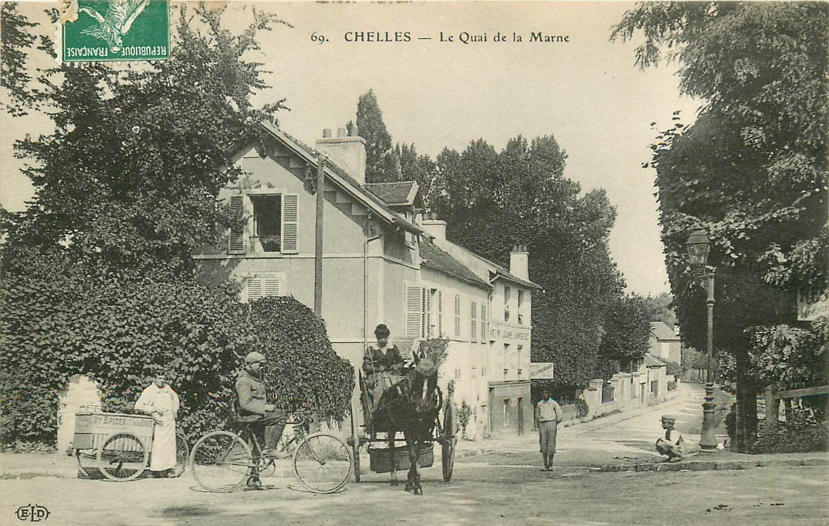 77 CHELLES. Cycliste, Attelage et Tricycle Epicerie de la Gare sur Quai de la Marne 1909 Restaurant Vannier