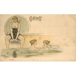 ALLEMAGNE. Gruss de Baigneuses dans une Piscine par illustrateur Liebze vers 1900