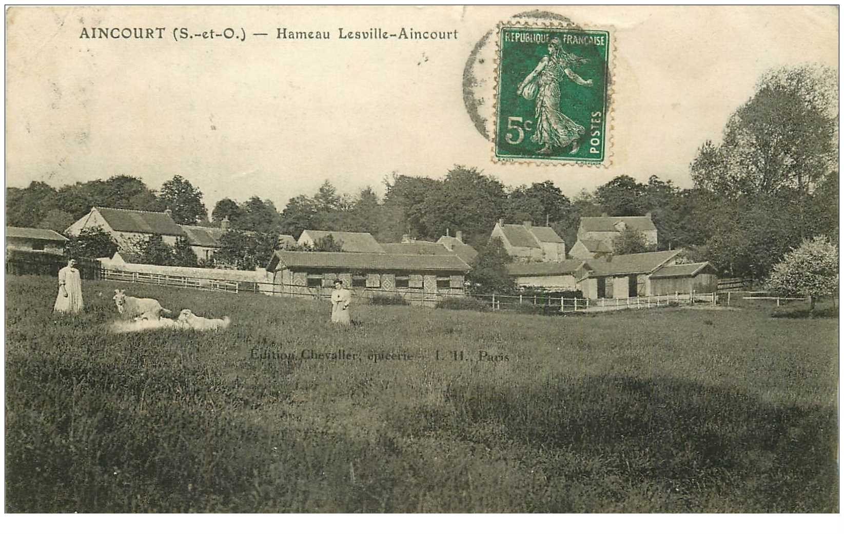 carte postale ancienne 95 AINCOURT. Hameau Lesville 1912 Eleveuses et Béliers