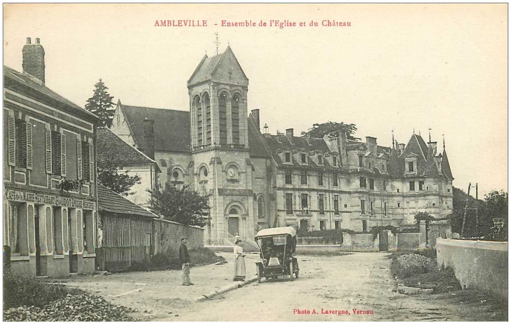 carte postale ancienne 95 AMBLEVILLE. Voiture ancienne devant Café de la Mairie Restaurant Baudot Epicerie. Eglise et Château