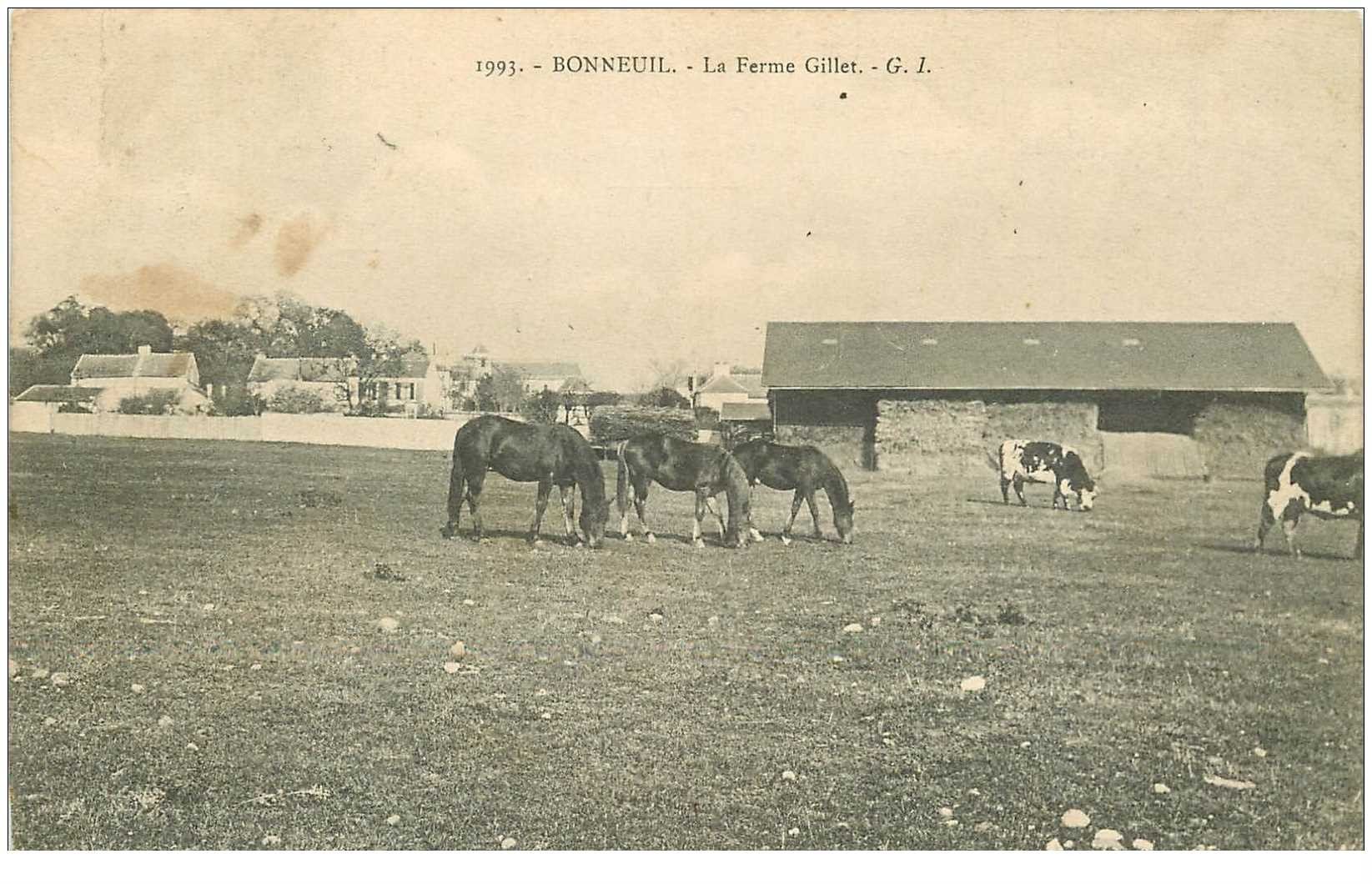 carte postale ancienne 95 BONNEUIL. La Ferme Gillet 1906 avec Vaches et Chevaux