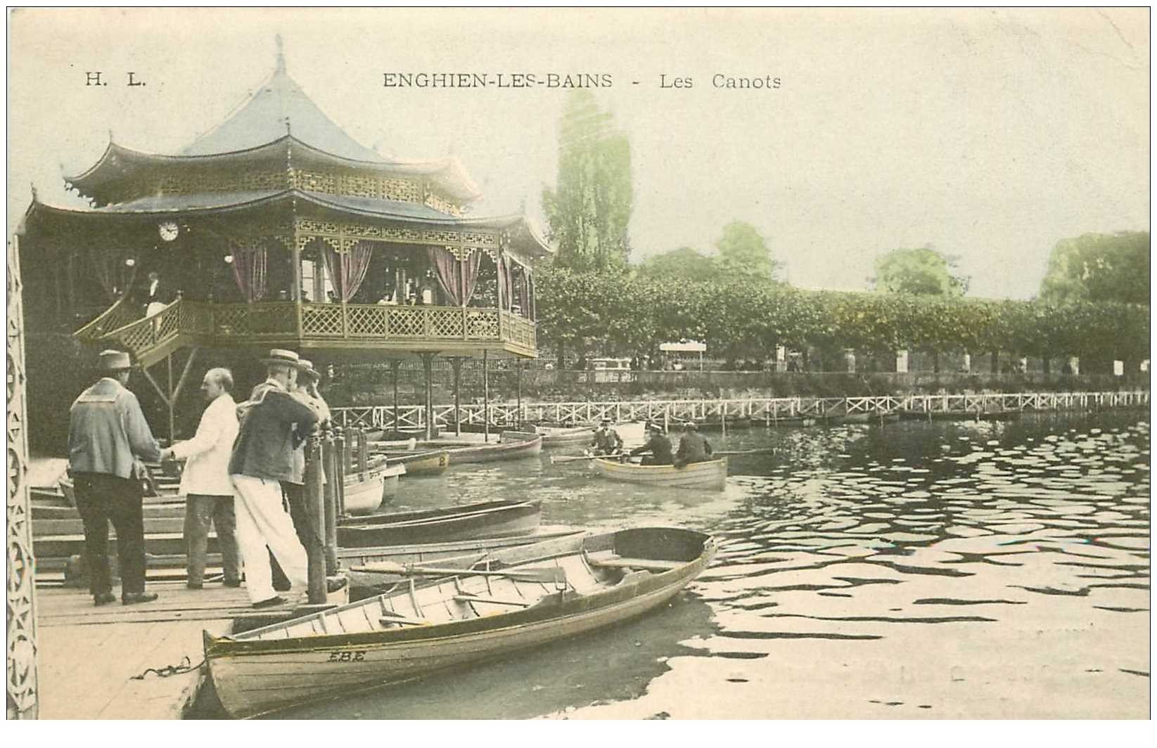 95 ENGHIEN-LES-BAINS. Les Canots. Publicitaire Horlogerie Passage du Cerf à Paris