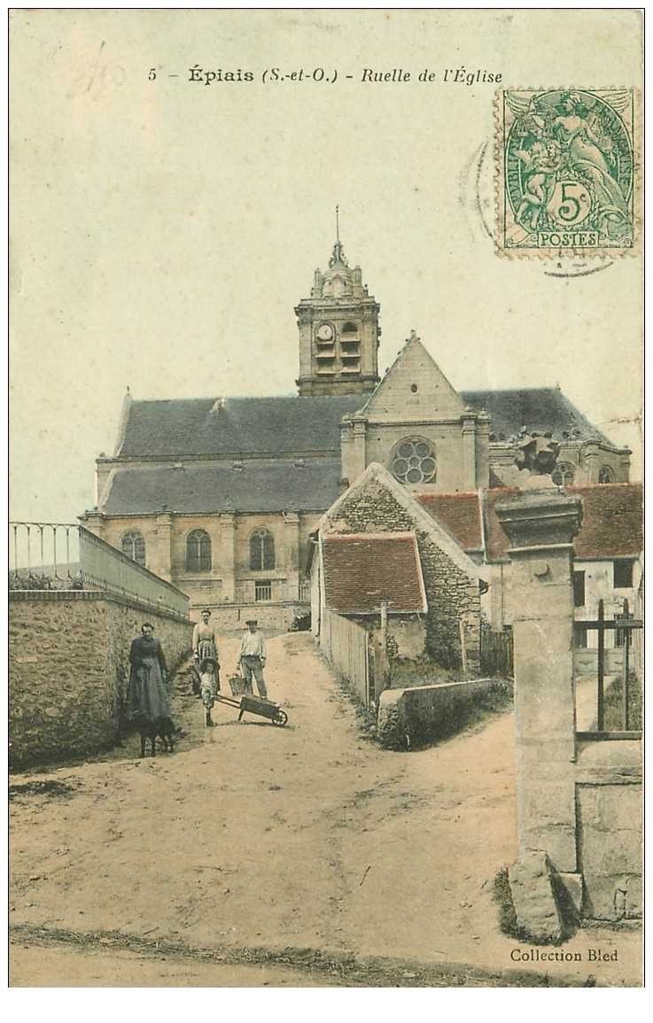 carte postale ancienne 95 EPIAIS. Ruelle de l'Eglise. Timbre Taxe et poinçon du Facteur 1907