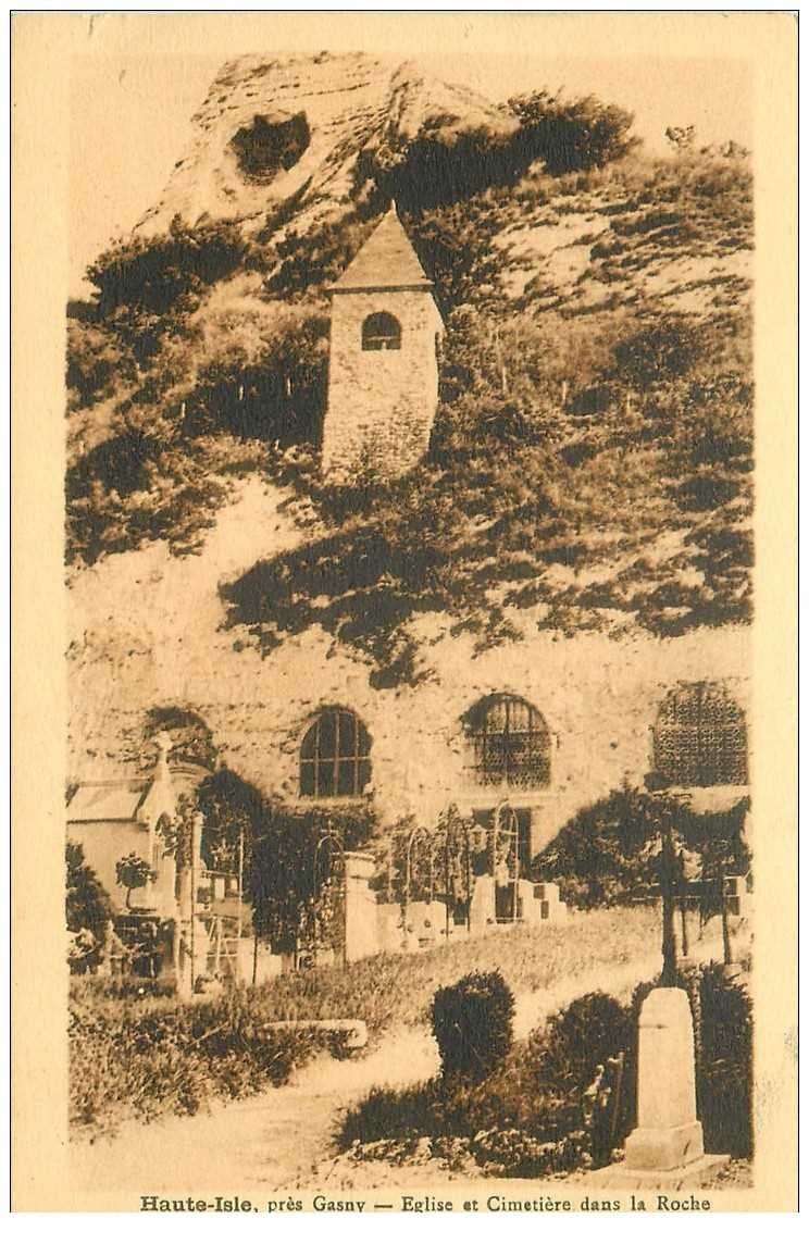 carte postale ancienne 95 HAUTE ISLE. Eglise et Cimetière dans la Roche
