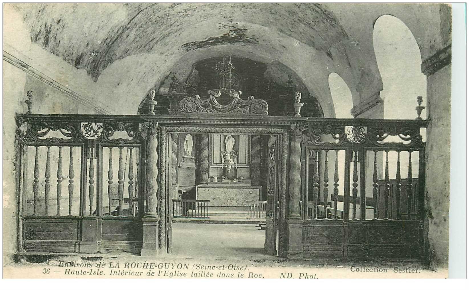 carte postale ancienne 95 HAUTE ISLE. Eglise taillée dans le Roc 1918
