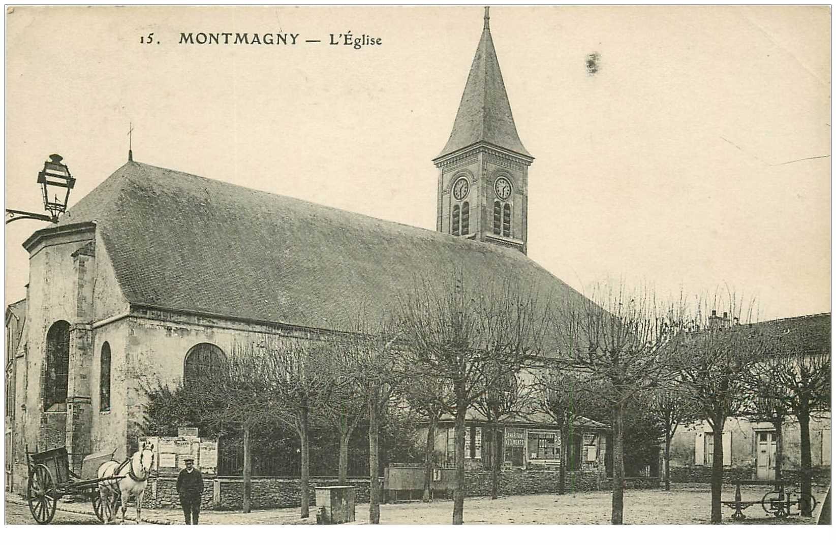 carte postale ancienne 95 MONTMAGNY. Attelage devant l'Eglise 1913