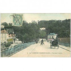 carte postale ancienne 94 LA VARENNE CHENNEVIERES. Moto trois roues, attelage et Restaurant sur le Pont