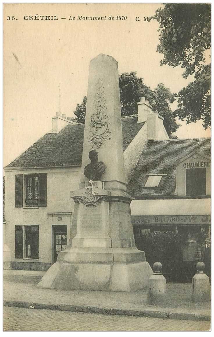 carte postale ancienne 94 CRETEIL. Le Monument de 1870 et Buvette Restaurant La Chaumière derrière 1918