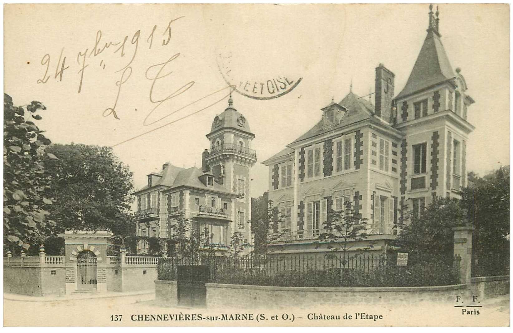 carte postale ancienne 94 CHENNEVIERES SUR MARNE. Château de l'Etape 1915. Timbre manquant...