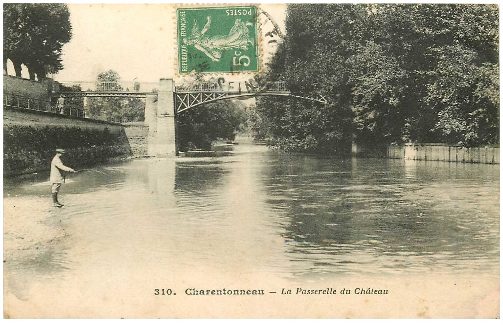 94 CHARENTONNEAU. La Passerelle du Château avec Pêcheur à la ligne 1916