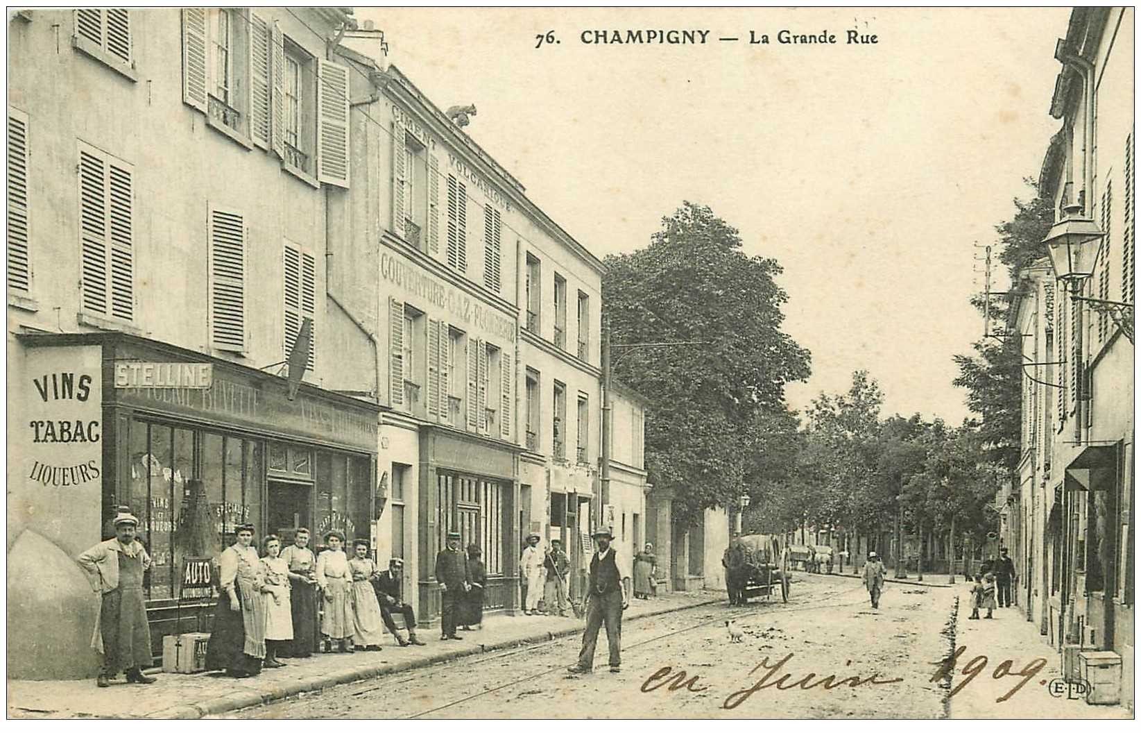 94 CHAMPIGNY SUR MARNE. La Grande Rue 1909 Buvette, Tabac, Zinguerie Ciment volcanique, Auto ...