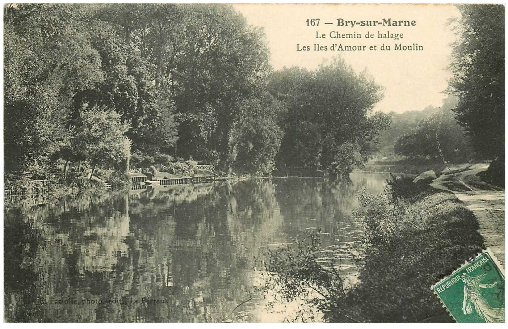 carte postale ancienne 94 BRY SUR MARNE. Chemin de halage. Iles d'Amour et du Moulin