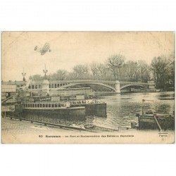 carte postale ancienne K. 92 SURESNES. Pont et Embarcadères des Bateaux Mouche Parisiens avec aéroplane