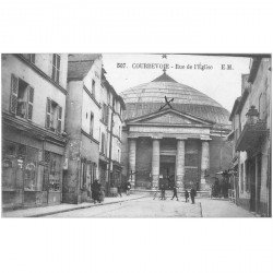carte postale ancienne K. 92 COURBEVOIE. Rue de l'Eglise Coiffeur et Magasin Michelin