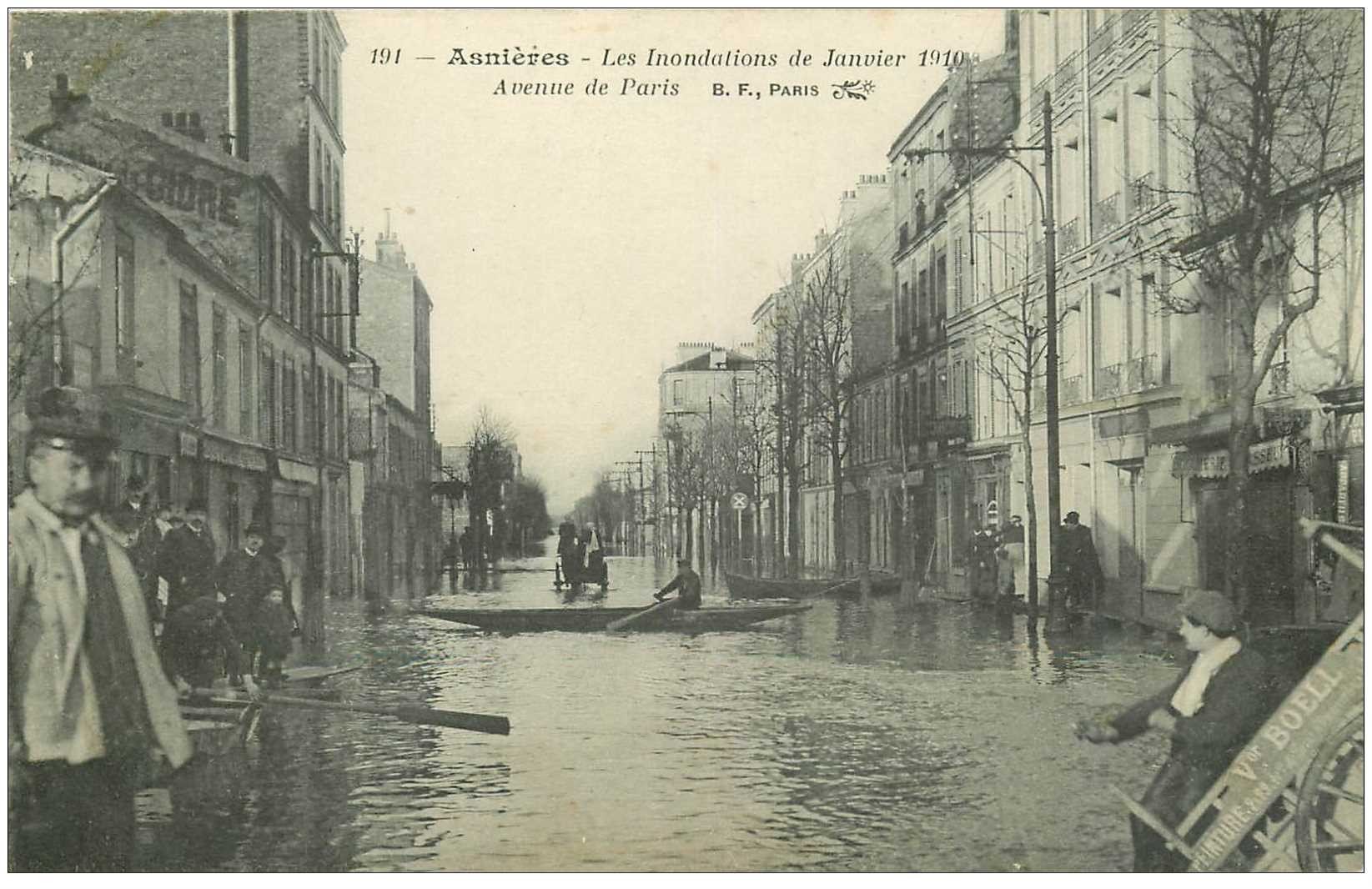 carte postale ancienne Inondation et Crue de 1910. ASNIERES 92. Avenue de Paris