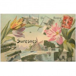 carte postale ancienne 92 SURESNES. Un Bonjour multivues 1914 avec Moulin
