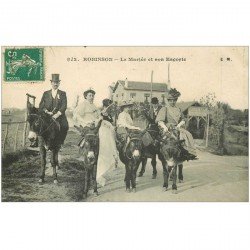carte postale ancienne 92 ROBINSON. La Mariée et son Escorte 1910 devant le Restaurant. Mule, âne, mulet, ânesse.