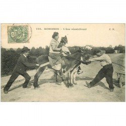 carte postale ancienne 92 ROBINSON. Animal récalcitrant 1907. Mule, âne, mulet, ânesse.