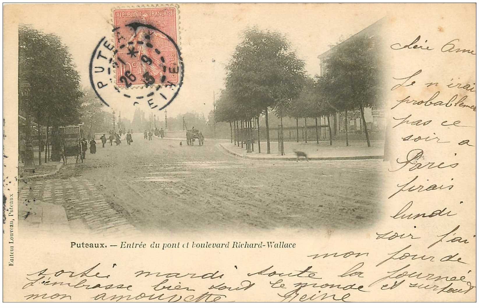 carte postale ancienne 92 PUTEAUX. Entrée du Pont et Boulevard Richard Wallace 1903