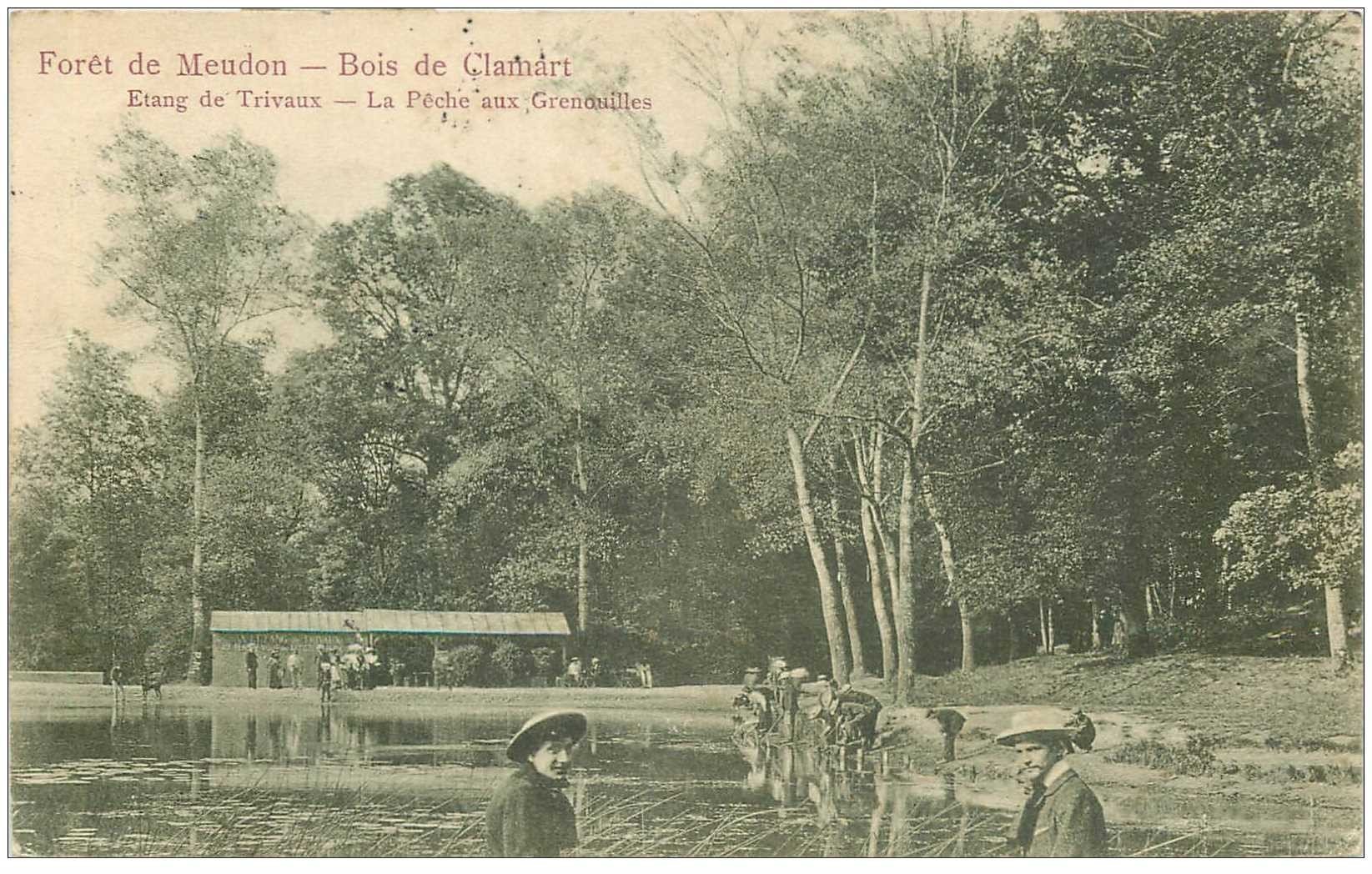carte postale ancienne 92 MEUDON. Forêt. La Pêche aux Grenouilles Etang de Trivaux. Timbre Taxe 1905
