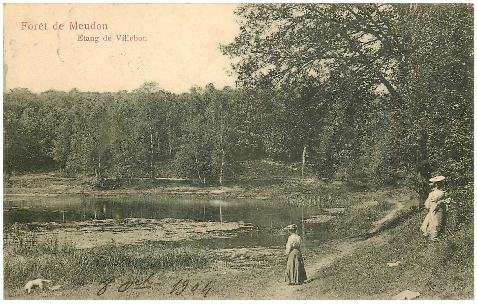 carte postale ancienne 92 MEUDON. Forêt. Elegantes à l'etang de Villebon 1904