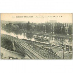 carte postale ancienne 92 MEUDON. BELLEVUE. Panorama ves Saint Cloud bateau mouche et Chemin de fer 1921