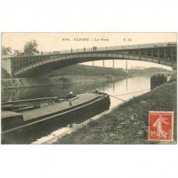 carte postale ancienne 92 CLICHY. Péniches sous le Pont 1909