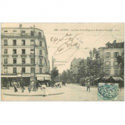 carte postale ancienne 92 CLICHY. Place Victor Hugo et Boulevard National 1906 Epicerie Fournel