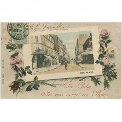 carte postale ancienne 92 CLICHY. Buvette Richard rue de Paris en encadré de Fleurs 1906