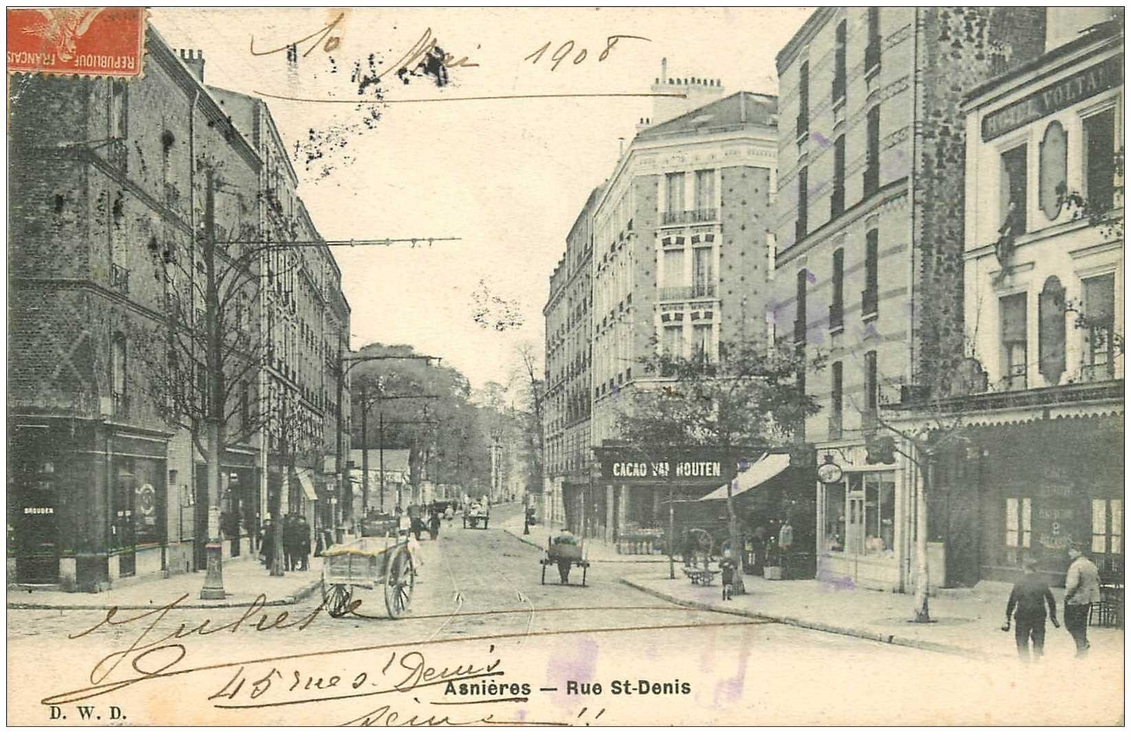 92 ASNIERES SUR SEINE. Rue Saint Denis 1908 Hôtel Voltaire et Cacao Van Houten