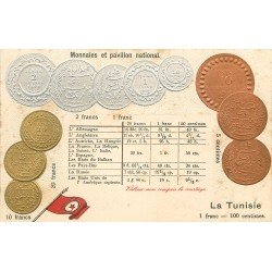 Monnaies et Pavillon national. Le Franc tunisien vers 1900. Représentation des pièces d'époque sur carte postale ancienne