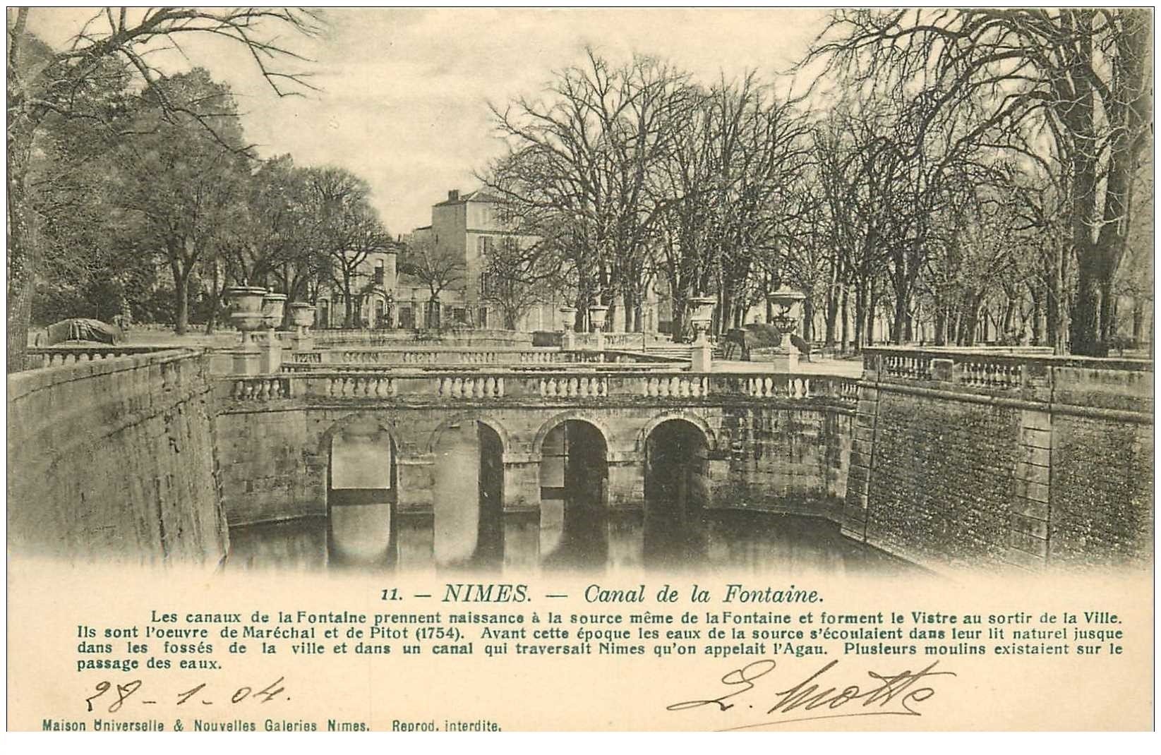 carte postale ancienne 30 NIMES. 1904 Canal de la Fontaine