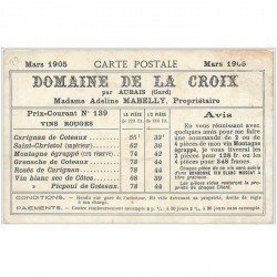 carte postale ancienne 30 NIMES. Carte Publicitaire Domaine de la Croix par Aubais. Tarifs des Vins 1905. Jardin de la Fontaine