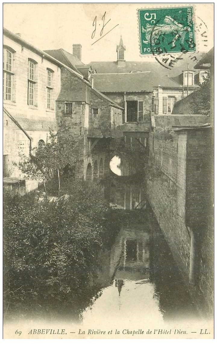 carte postale ancienne 80 ABBEVILLE. Rivière et Chapelle Hôtel Dieu 1911