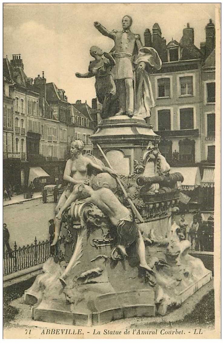 carte postale ancienne 80 ABBEVILLE. Statue Courbet animation derrière 1929
