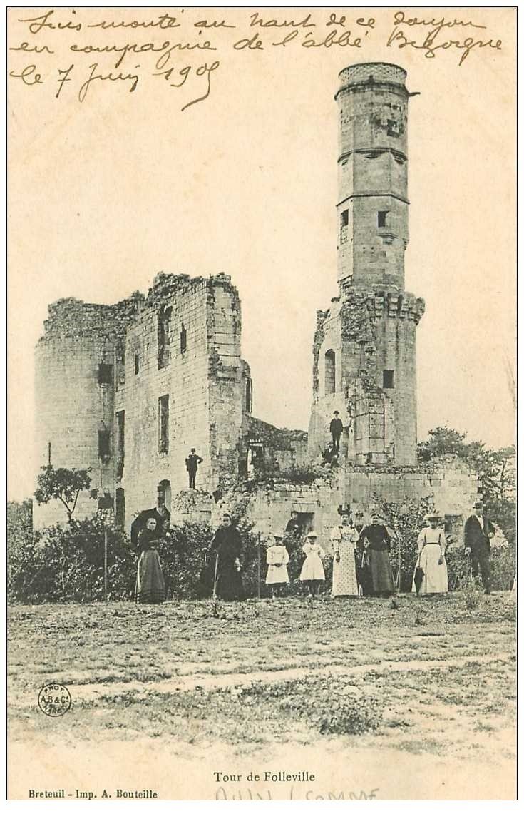 carte postale ancienne 80 AILLY SUR SOMME. Tour de Folleville 1909 grosse animation.
