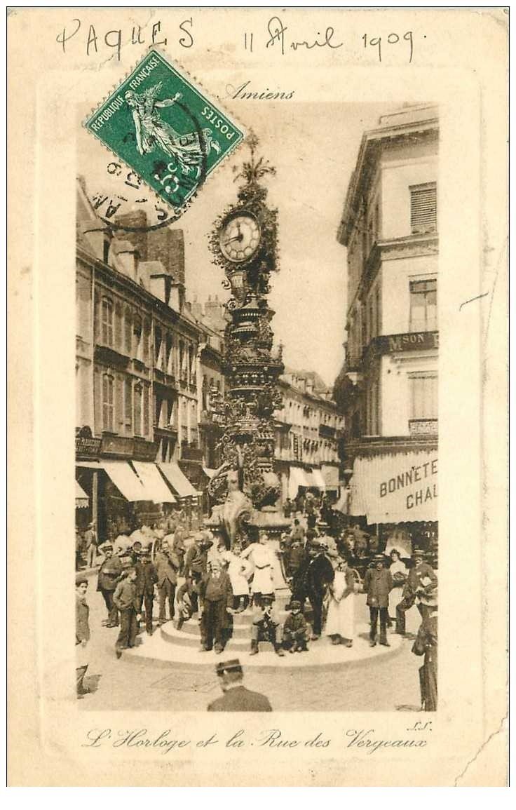 carte postale ancienne 80 AMIENS. Horloge Rue des Vergeaux 1909