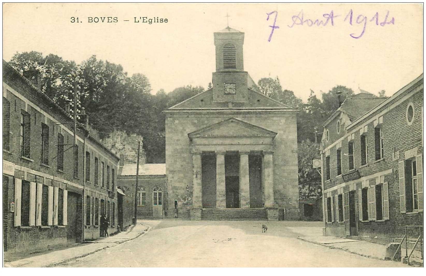 carte postale ancienne 80 BOVES. L'Eglise 1914 Restaurant