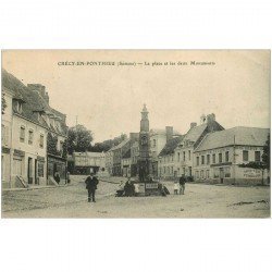 carte postale ancienne 80 CRECY-EN-PONTHIEU. La Place et les deux Monuments 1916 Café Tabac et Charcuterie