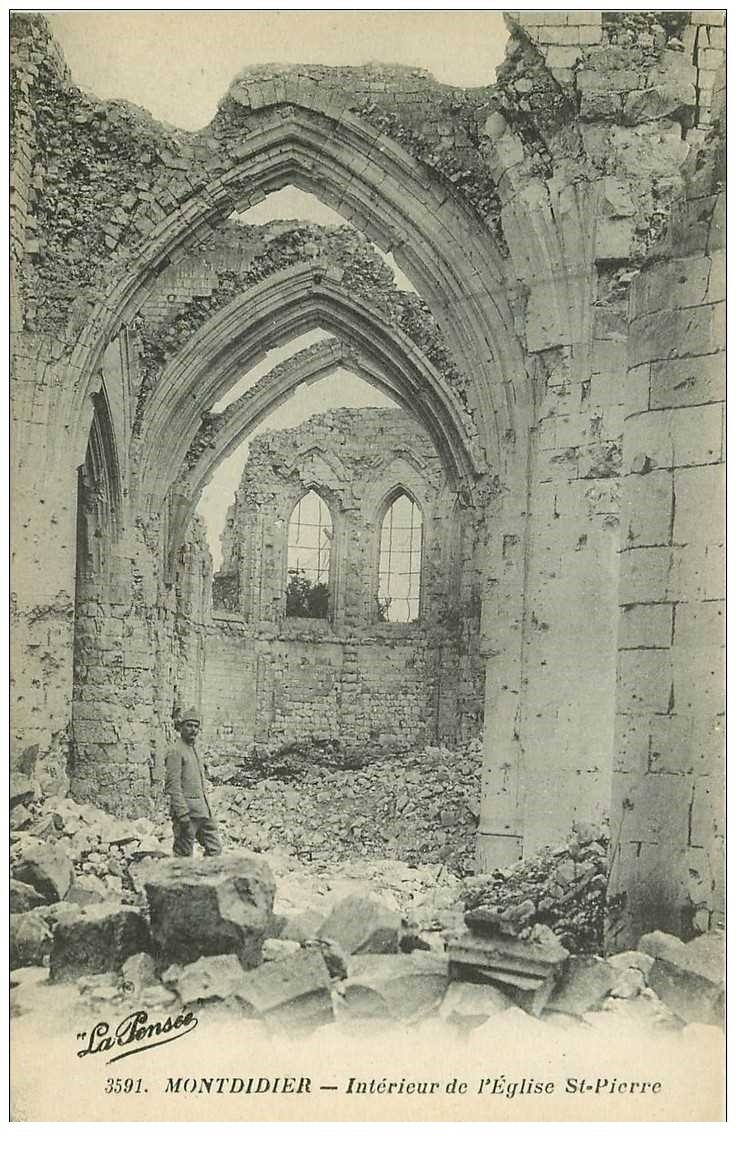 carte postale ancienne 80 MONTDIDIER. Ruines Guerre 1914. Eglise Saint-Pierre avec Soldat