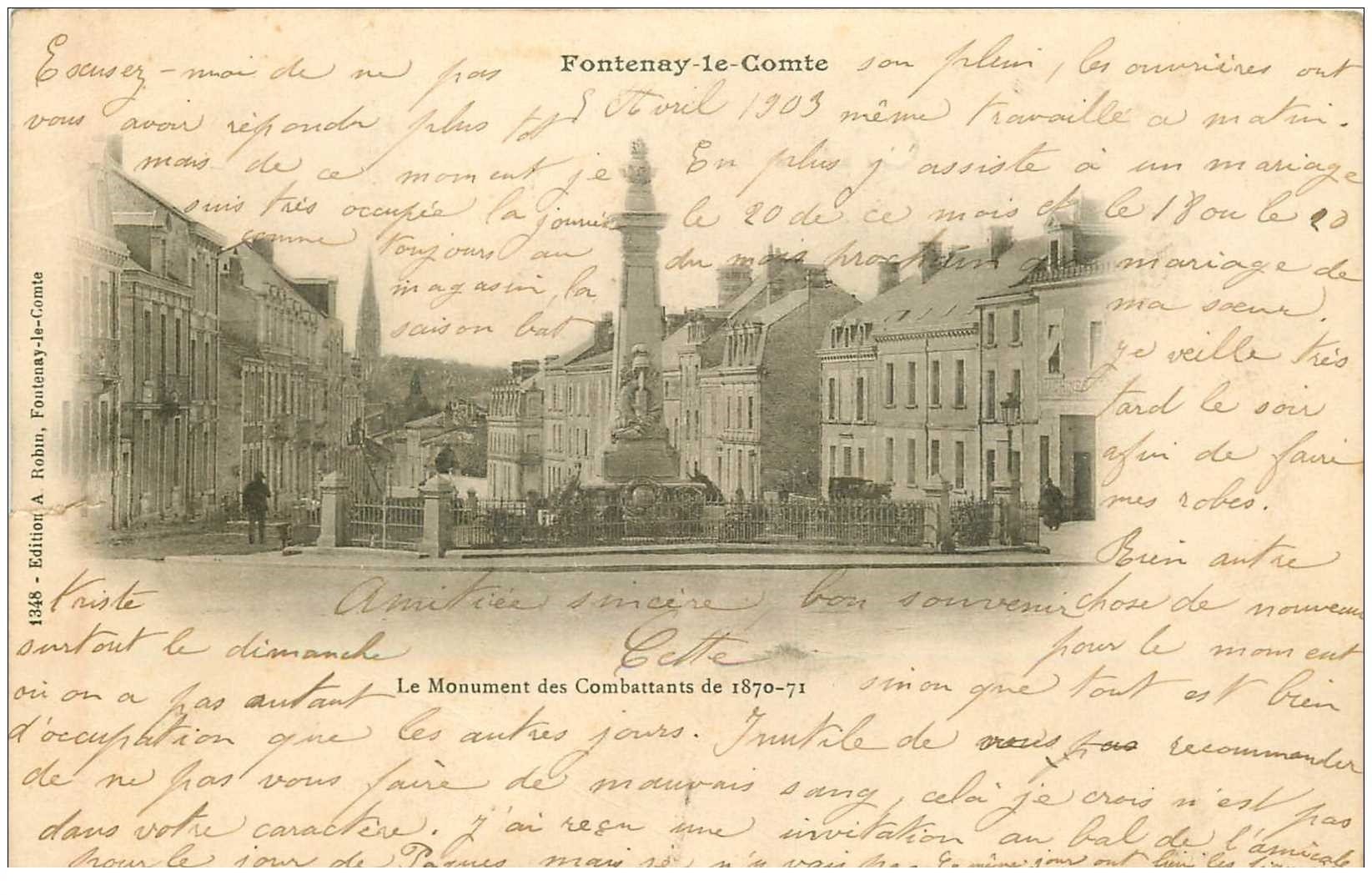carte postale ancienne 85 FONTENAY LE COMTE. Monument des Combattants 1903
