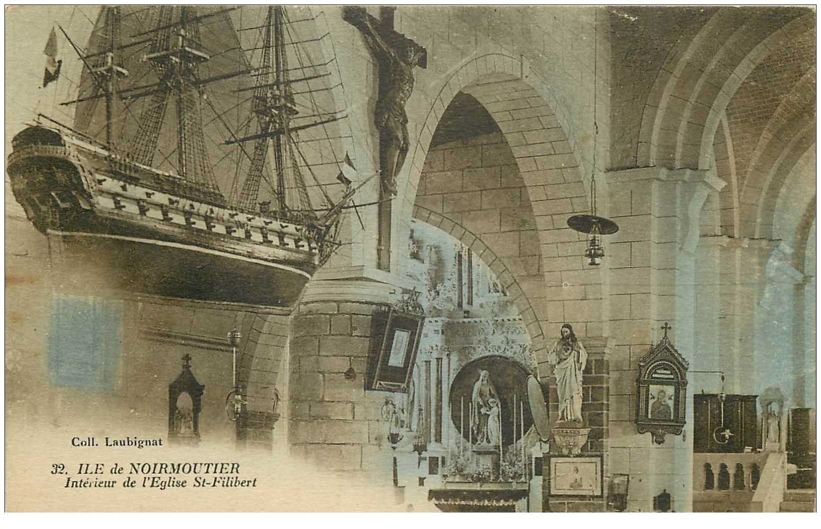 carte postale ancienne 85 ILE DE NOIRMOUTIER. Eglise Saint Filibert avec maquette de bateau