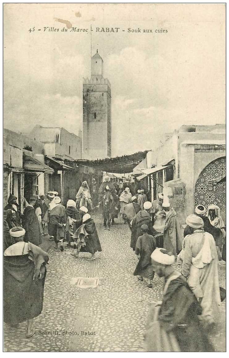 carte postale ancienne Maroc. RABAT. Souk aux cuirs 1921