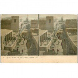 carte postale ancienne TUNISIE. Rue Sadi Carnot à Monastir. Double vue stéréoscopique