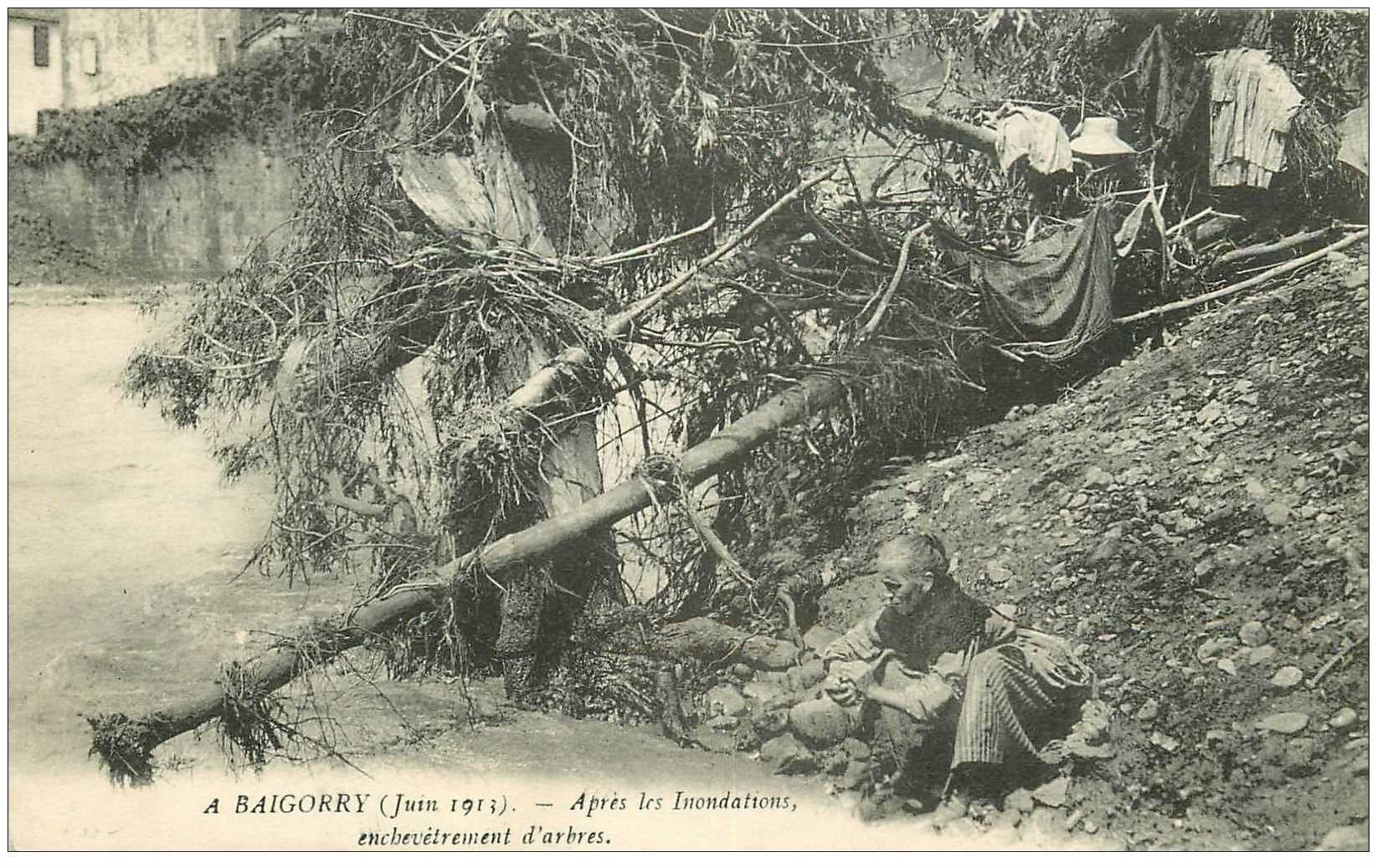 carte postale ancienne 64 Baigorry enchevêtrement d'Arbres après inondations avec Lavandière