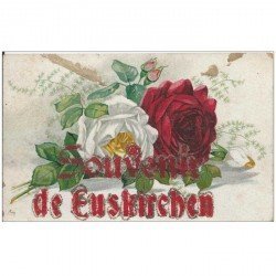 carte postale ancienne EUSKIRCHEN. Fleurs Roses et souvenir en paillettes rouges et argents